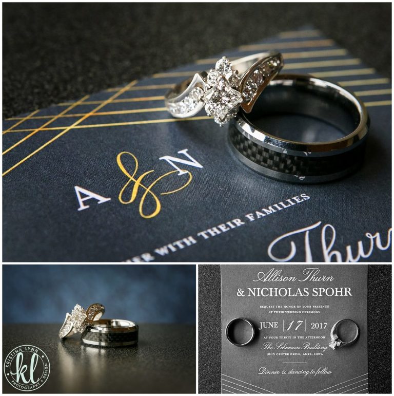 Artistic photos of the wedding rings on top of the wedding invitations.