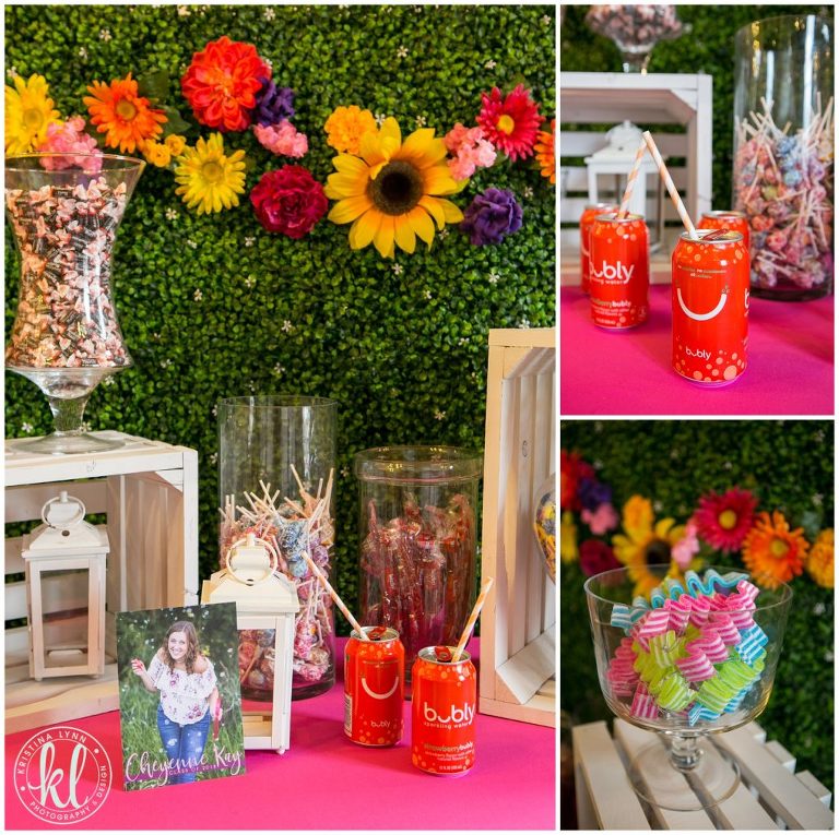 A floral background sets the stage for this bold and colorful garden party grad theme.