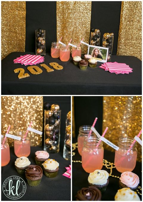 Gold sequin table runners made for a creative backdrop to this glam and glitzy grad party theme.