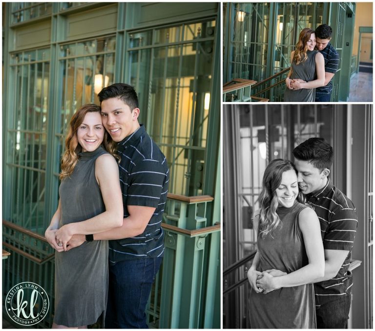 A guy and a girl hug in the entry way of Union Depot in Saint Paul, Minnesota.