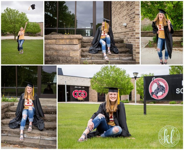 high school graduation cap and gown photo session outside CGDHS high school