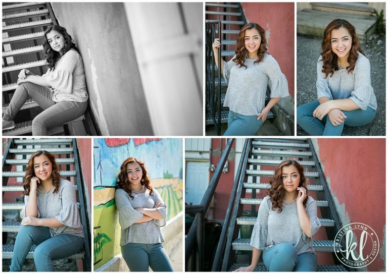 high school senior sitting on stairs in alleyway