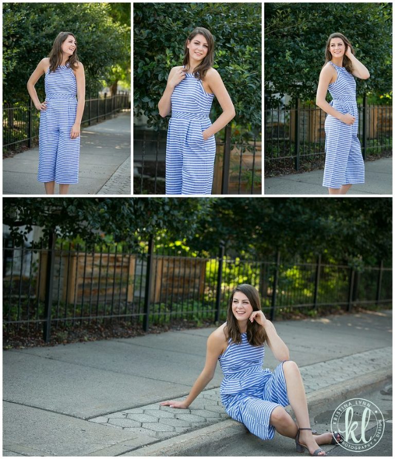 teenage girl wearing striped romper in downtown stillwater minnesota