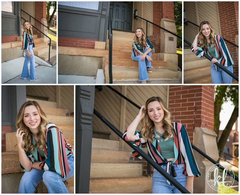 high school senior girl standing on an urban stoop