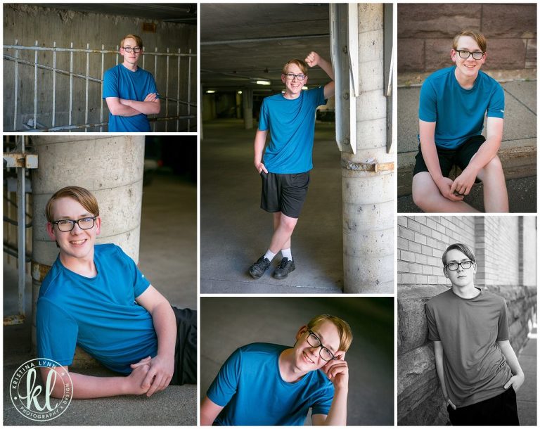 teenage boy posing for senior pictures in downtown Stillwater Minnesota
