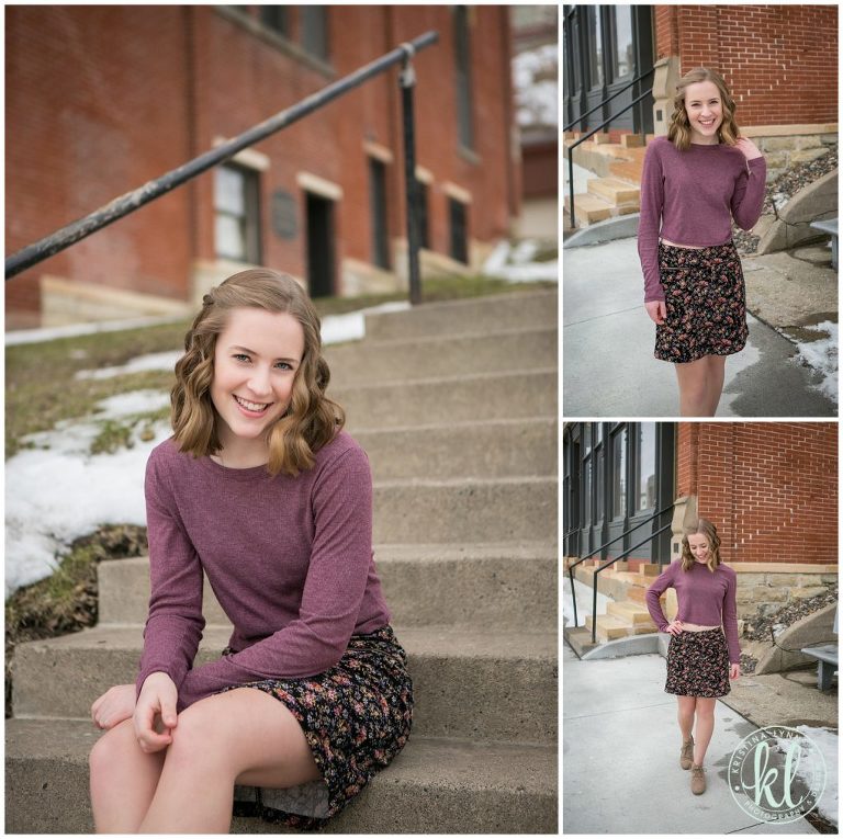 early spring senior portraits session with snow in downtown stillwater