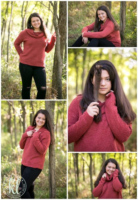 senior pictures in a wooded area with a pheasant feather