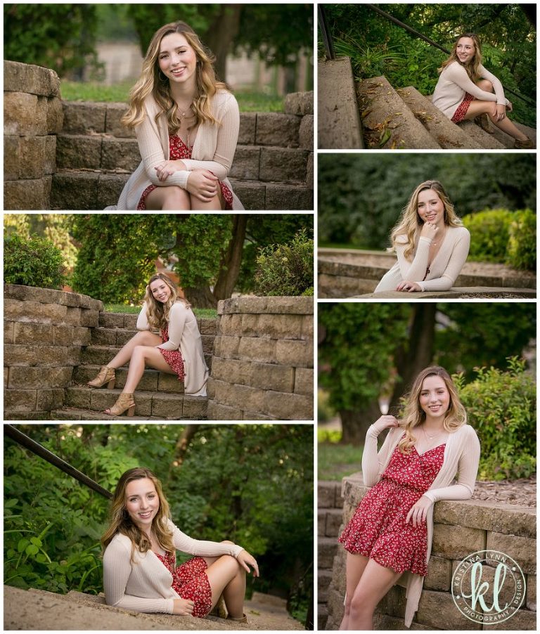 high school senior girl in red romper in a park