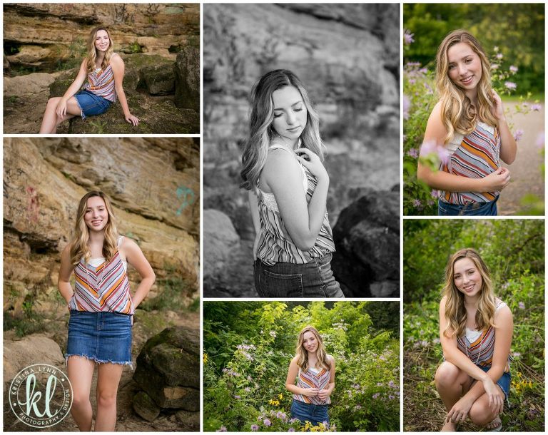 high school senior girl in a striped top in an outdoor park