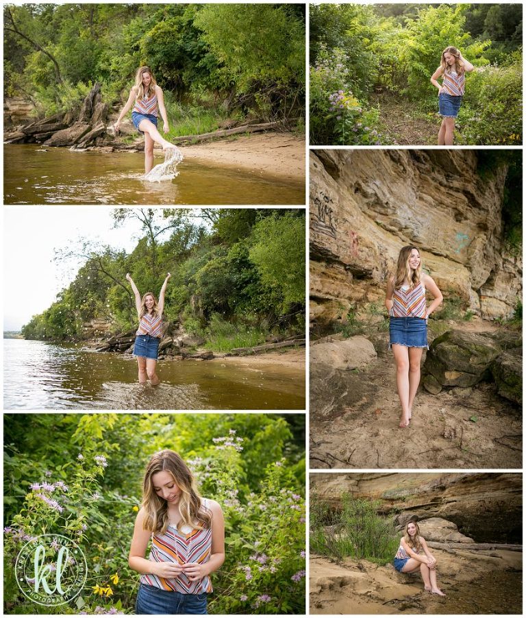 high school senior girl walking along st croix river
