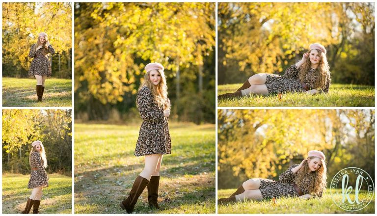 senior girl wearing a pink beret poses for senior photos in a park