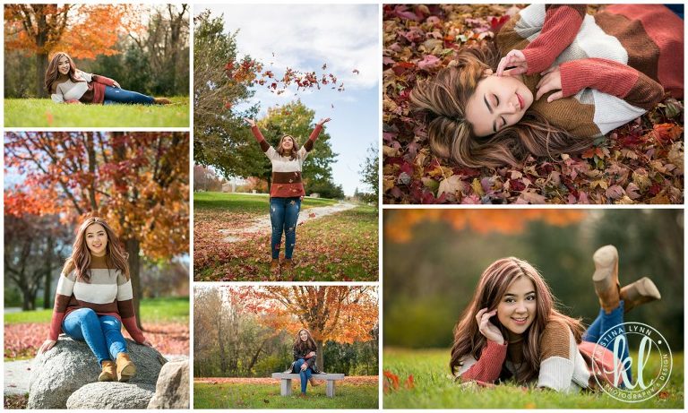 high school senior girl throwing red leaves in the air