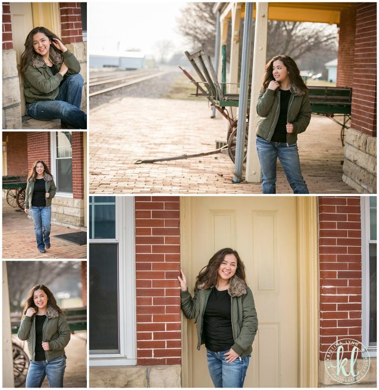 high school senior girl posing outside clarion iowa depot