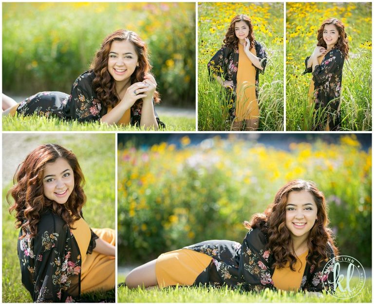 outdoor senior pictures in yellow wildflower field