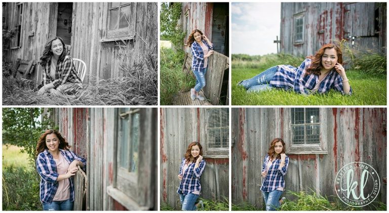 teenage girl in plaid shirt outside a red rustic barn