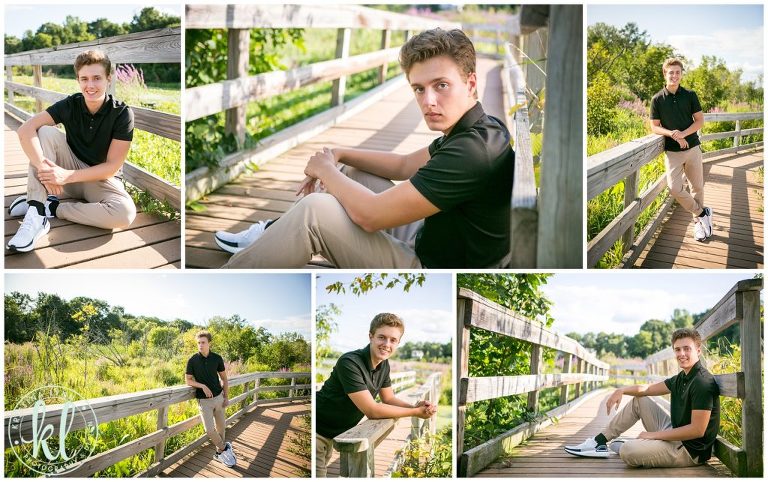 high school senior guy sitting on wooden bridge