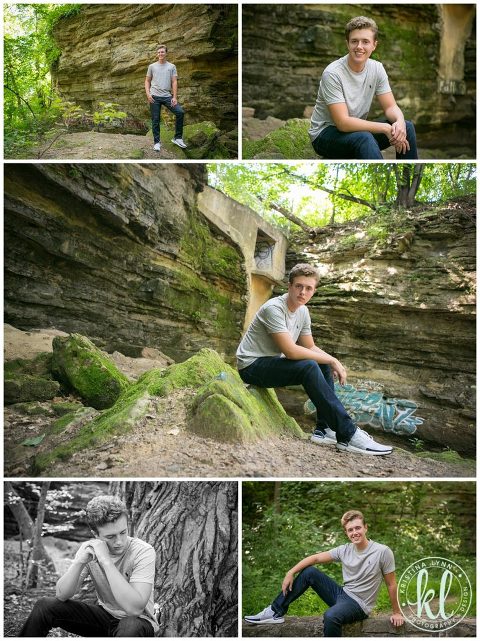 high school senior guy sitting in wooded area