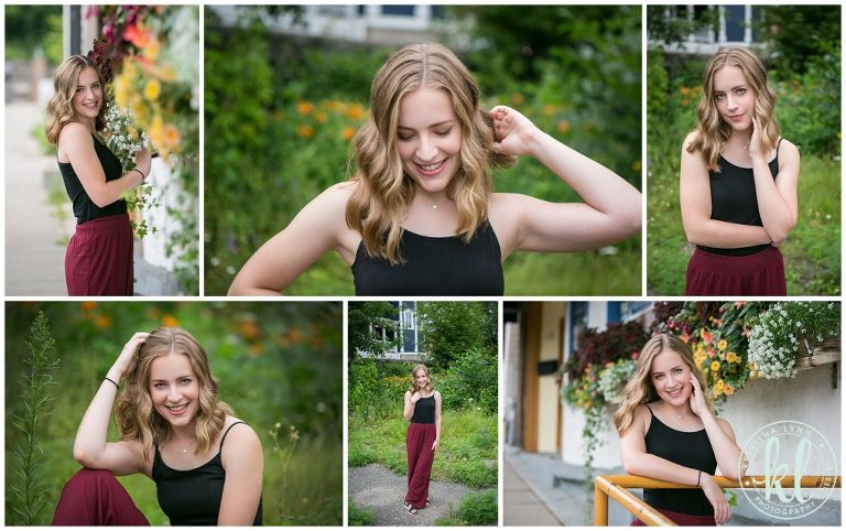 senior portraits with flowers in downtown stillwater minnesota