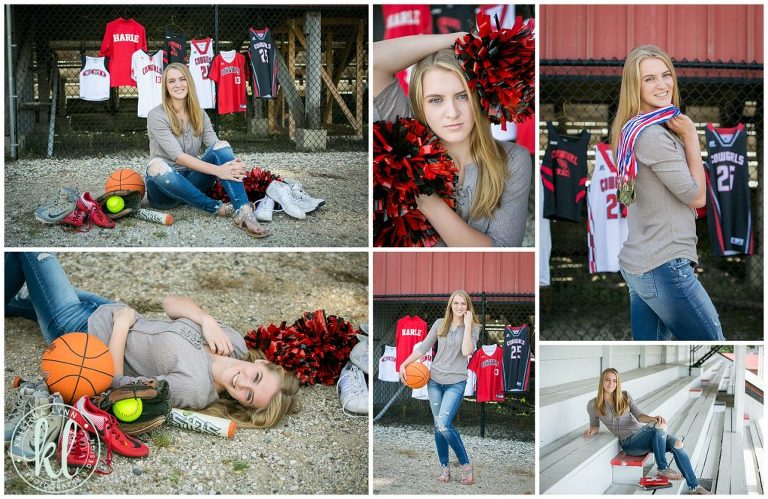 teenage girl poses with her high school sports uniforms and medals