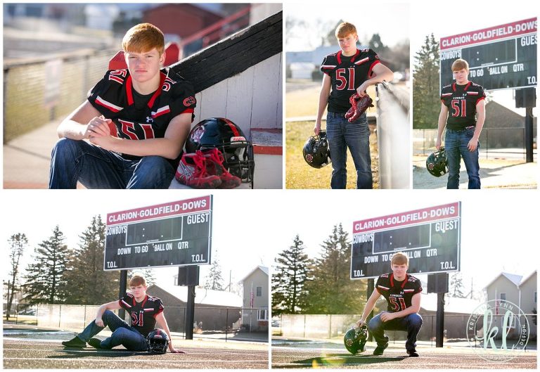 teenage guy posing for senior pictures at high school football field
