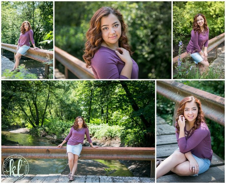 teenage girl outdoor senior pictures on a bridge in rural iowa