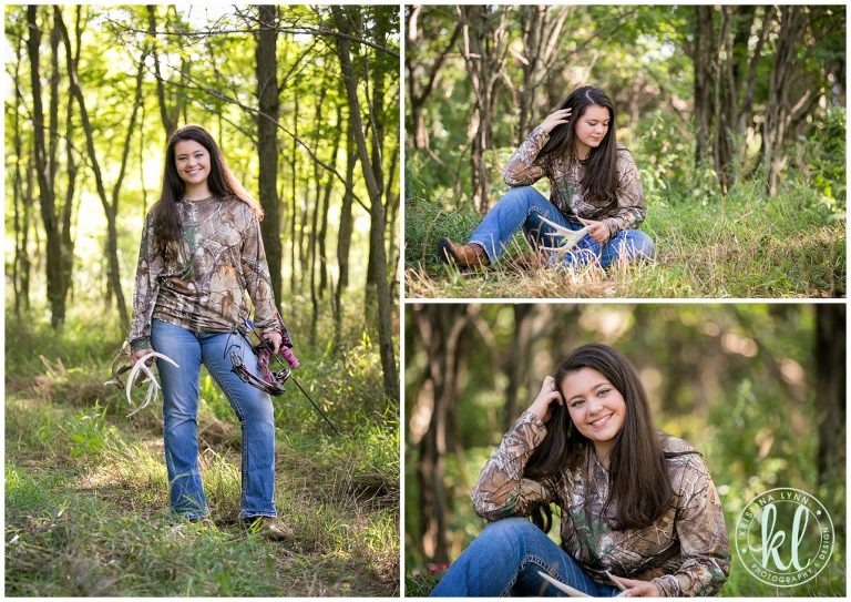 girl in camo with bow and arrow for her senior pictures