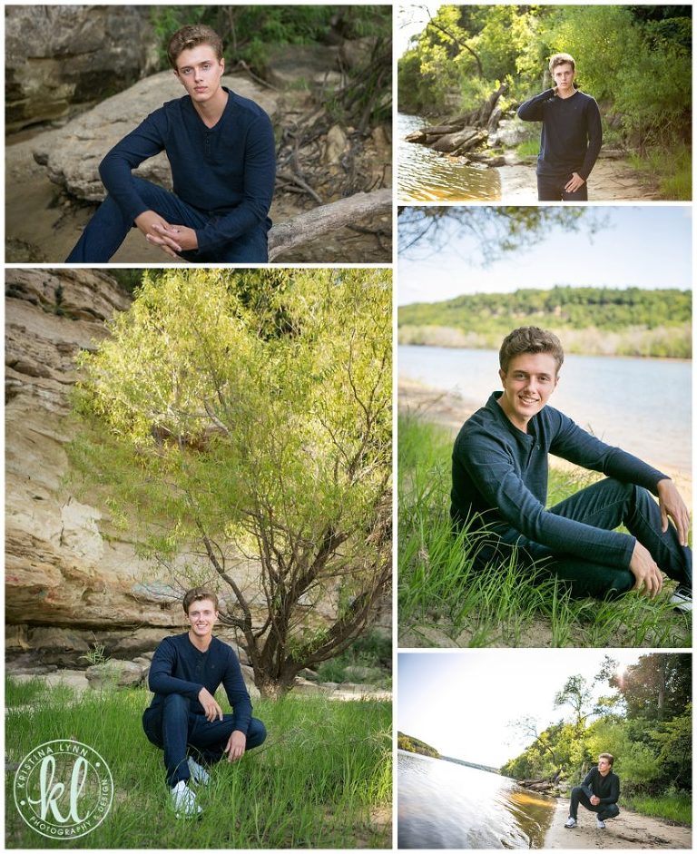 high school senior guy sitting along a river bank