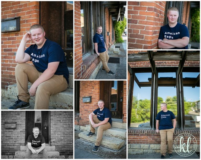 high school senior photos outside brick building
