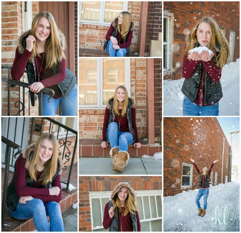 wintertime senior photo session with snow in iowa