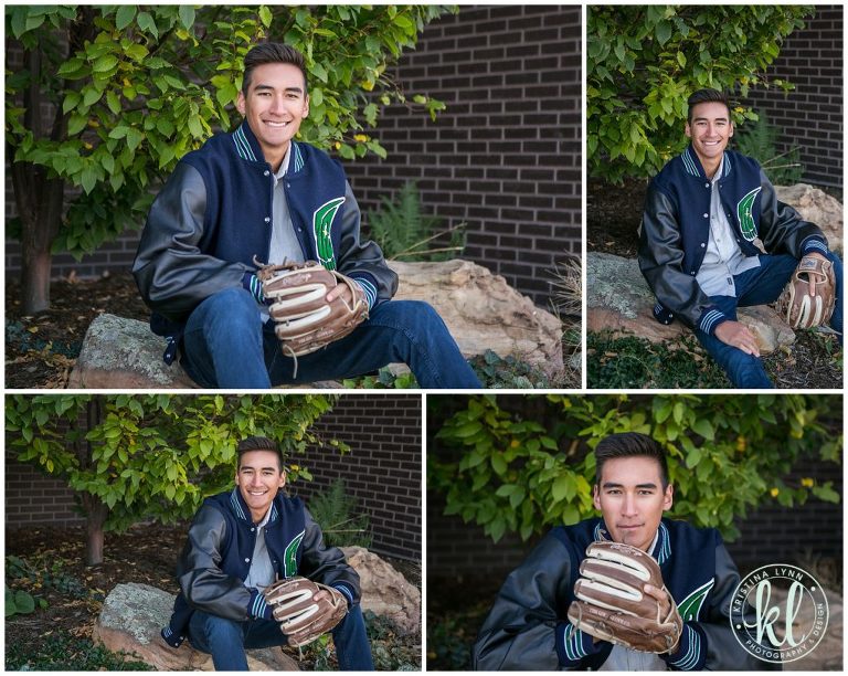 senior photo session with letter jacket and baseball glove