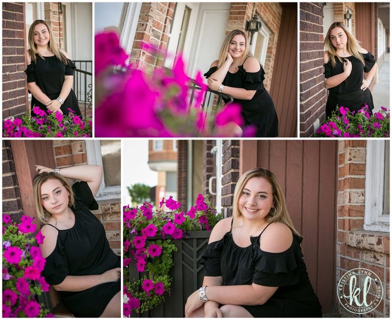 graduation photos with bright pink flowers along main street in clarion iowa