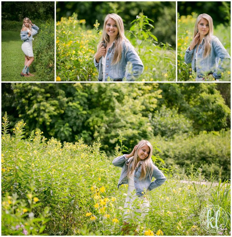 teenager girl wearing white dress and jean jacket standing in flower field