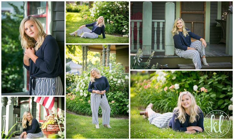 teenage girl poses for senior pictures in front of victorian house in stillwater minnesota