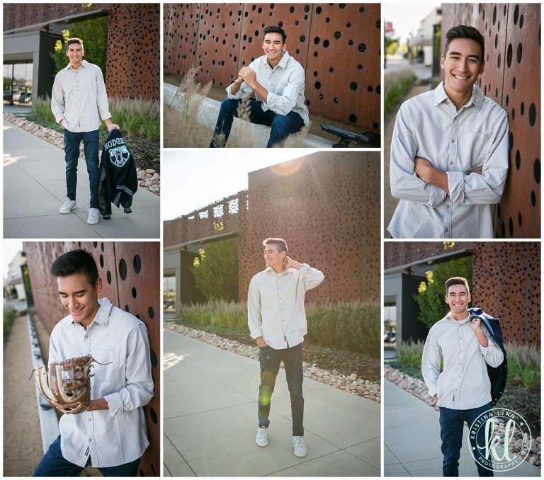 teenage guy posing for senior photo session outside pace center in downtown parker colorado