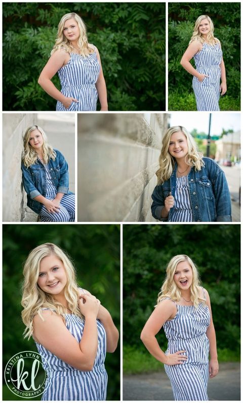 senior pictures of teenage girl in striped romper in downtown stillwater minnesota