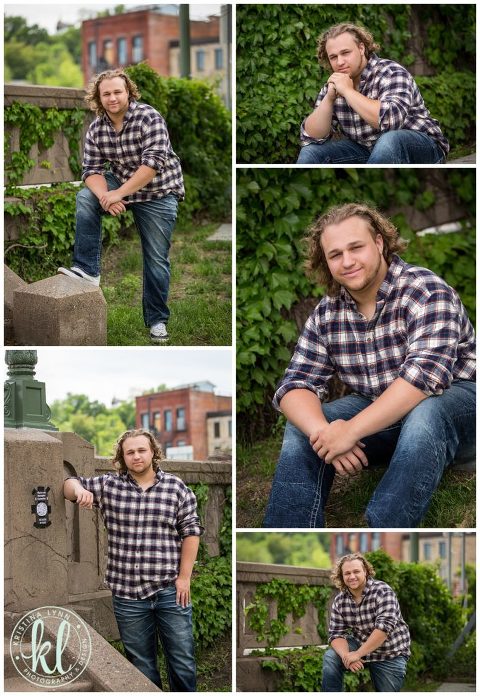 teenage guy leaning against ivy covered wall in stillwater minnesota