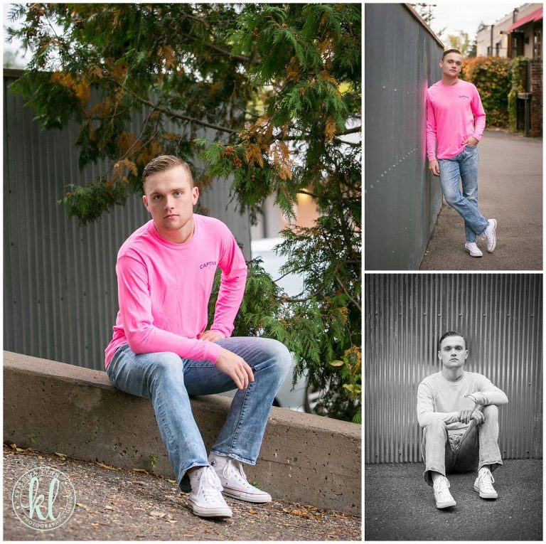 high school graduation pictures against a corrugated tin wall in stillwater minnesota