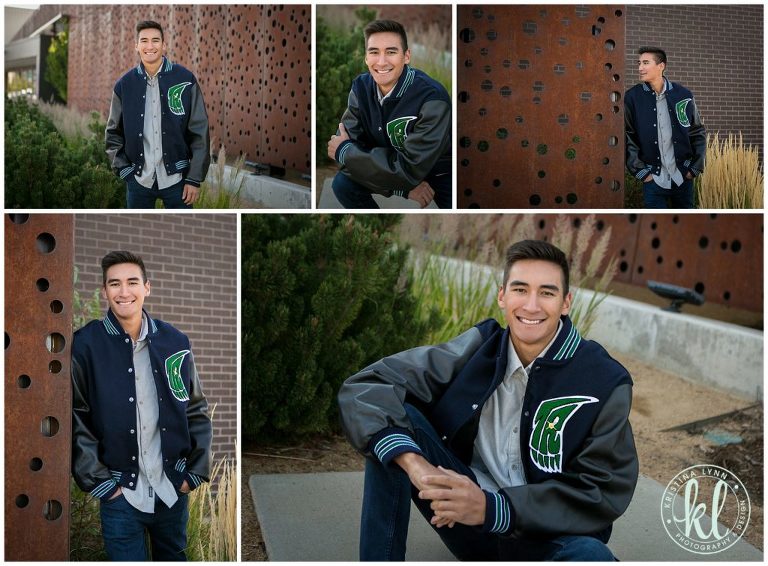teenage guy wearing a letter jacket poses for senior photo session outside pace center in parker colorado