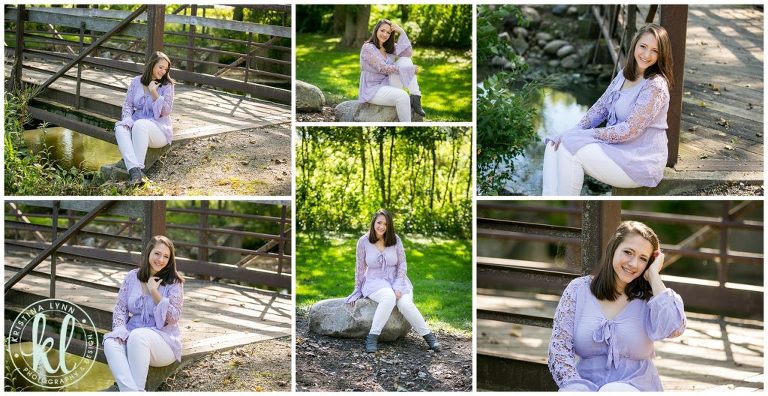 teenage girl wears a purple top and sits next to wooden bridge at lake cornelia