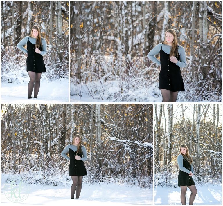 senior photos with snowy trees in the background