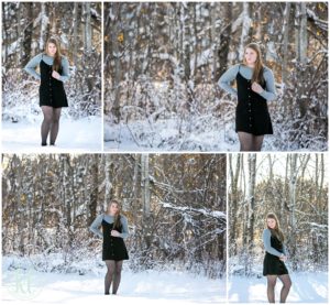 senior photos with snowy trees in the background