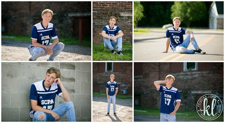 senior photos of a teen in a soccer jersey