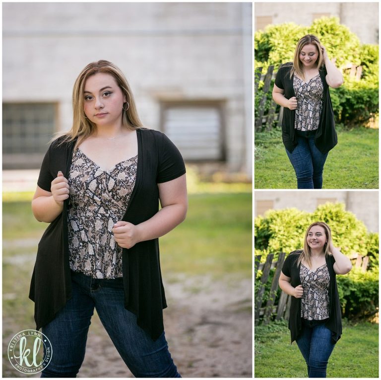 teenage girl walking through alley during senior photo session