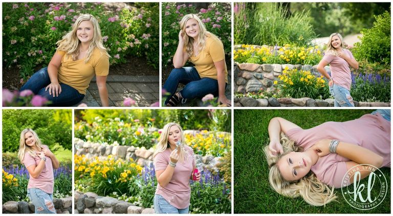 teenage girl poses for senior pictures in flower beds at washington square park in stillwater minnesota