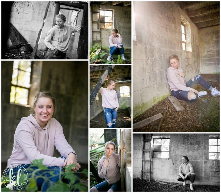 high school girl poses for senior portraits in an abandoned building in wisconsin