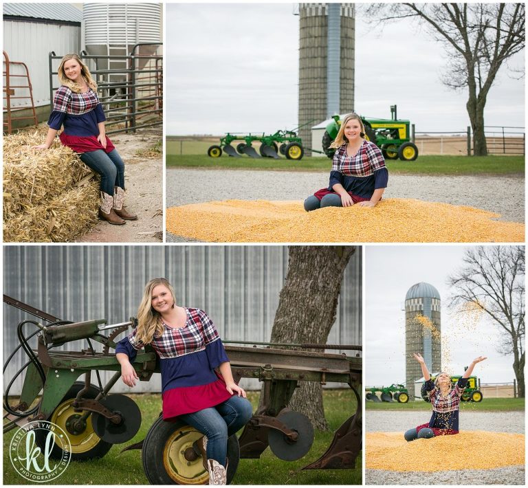 teenage girl sits in corn pile on family farm near clarion iowa for senior pictures