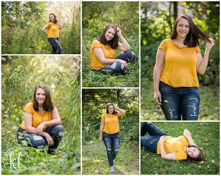 teenage girl wearing yellow top poses for senior photos session in nature setting near clarion iowa