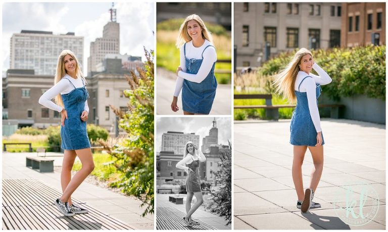 teenage girl senior pictures session in downtown st paul with skyline in the background