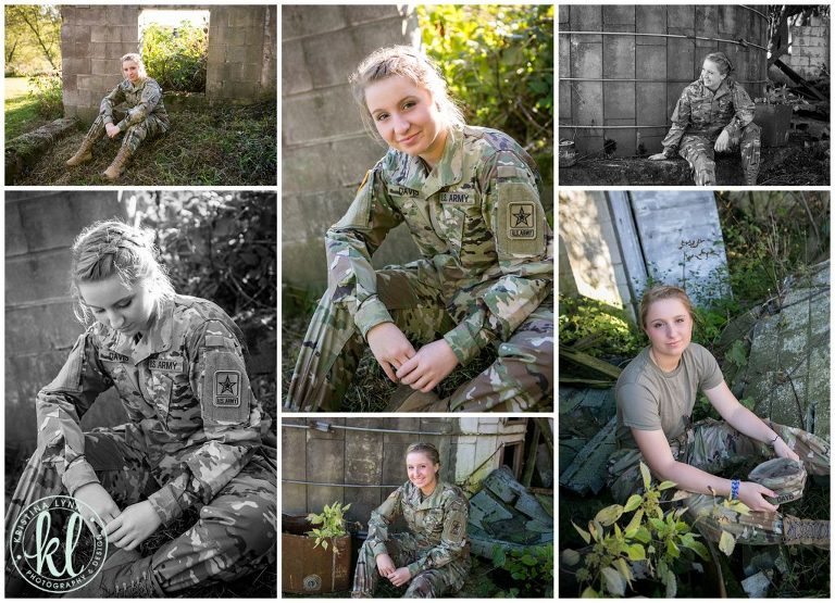 high school senior girl poses for graduation photos in her army national guard fatigues