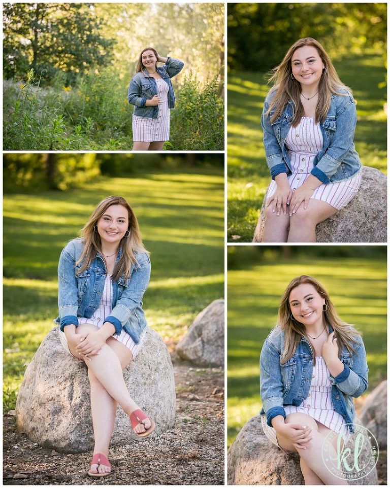 high school senior girl sits on rock at lake cornelia park near clarion iowa for graduation photos